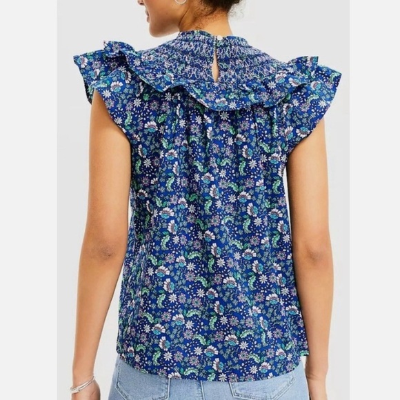 Loft Blue Floral Smocked Shirred Blouse - Picture 3 of 9